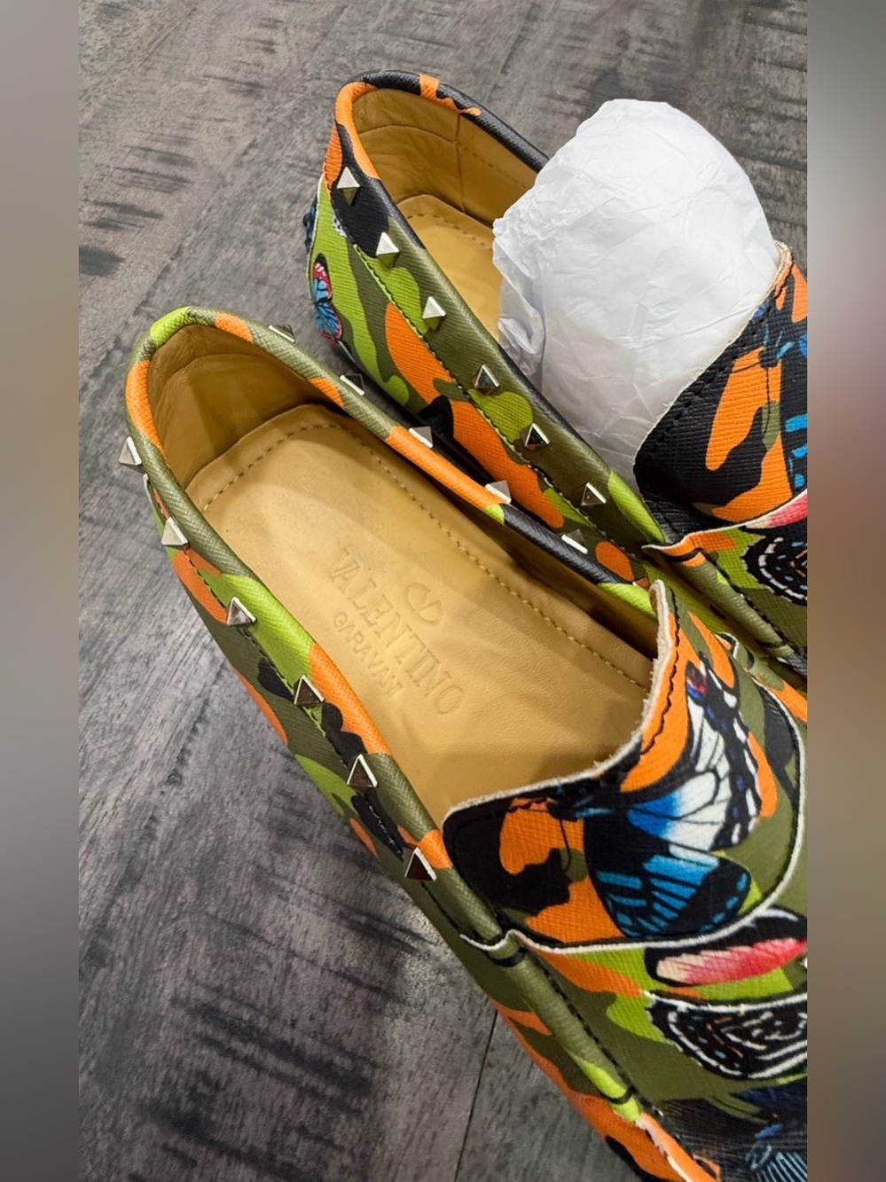 CANVAS-VINTAGE/Valentino garvan Orange, Green & Blue Studded Slip-On Loafers